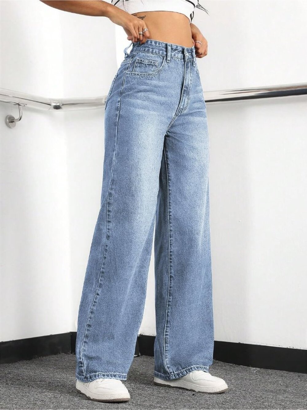 Women's Light Blue Baggy Trendy Five Pockets High Waisted Wide Leg Denim Pants - Picture 3 of 6